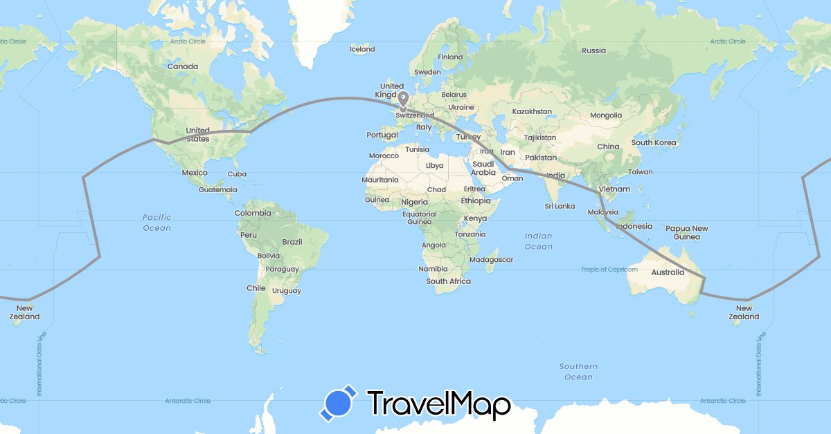 TravelMap itinerary: driving, plane in United Arab Emirates, Australia, France, New Zealand, Thailand, United States (Asia, Europe, North America, Oceania)